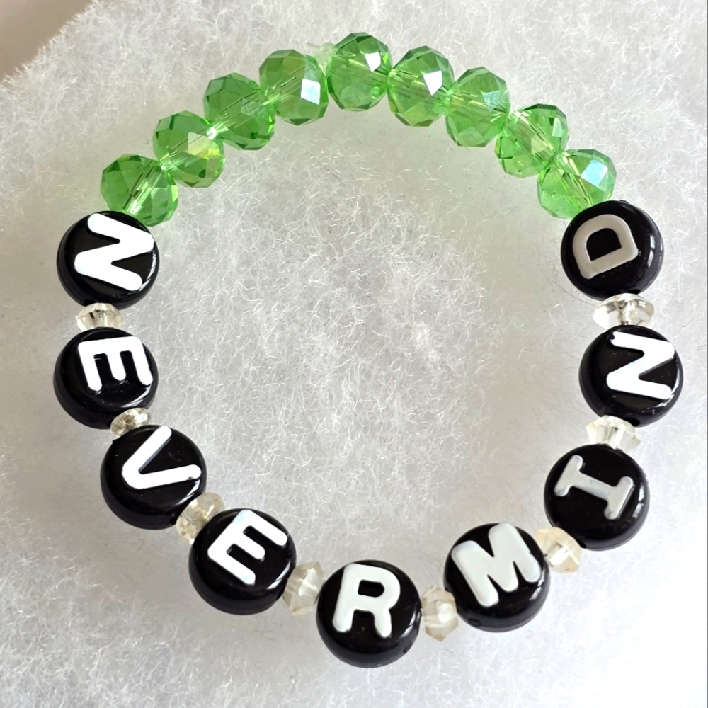 Handmade "Nevermind" bracelet green beaded grunge word jewelry music
